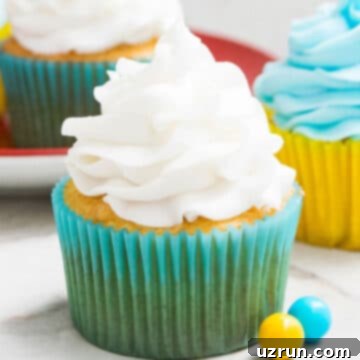 Easy Two-Ingredient White Chocolate Buttercream 10 Easy 2 Ingredient White Chocolate Buttercream Frosting Swirled on Top of Cupcake.