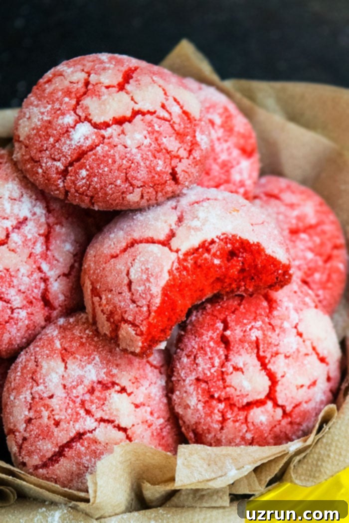 Red Velvet Crinkle Cookies 3 Closeup shot of a partially eaten homemade red velvet crinkle cookie, showing the soft interior and crackled top.