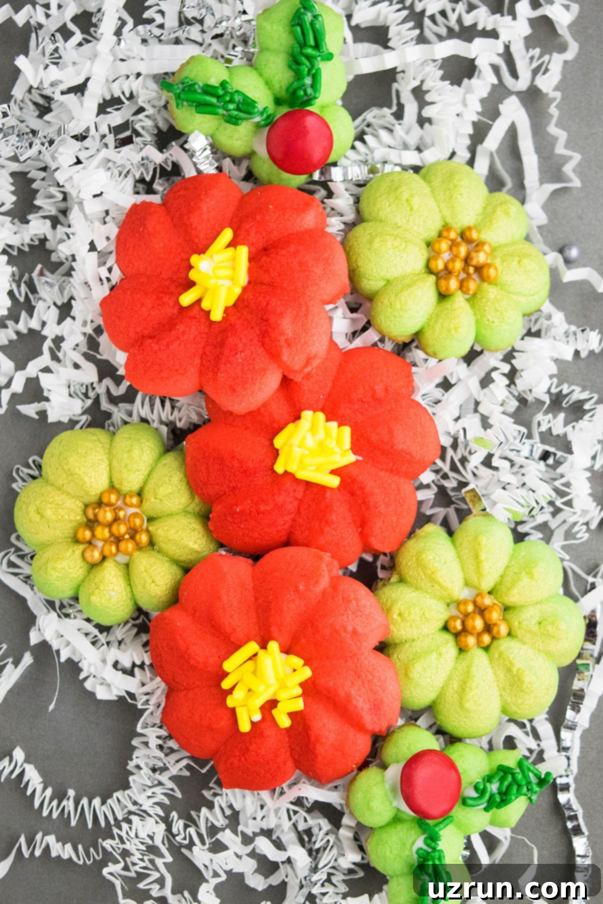 Variety of Easy Spritz Cookies (Almond Butter Press Cookies) on Metal Baking Tray. 