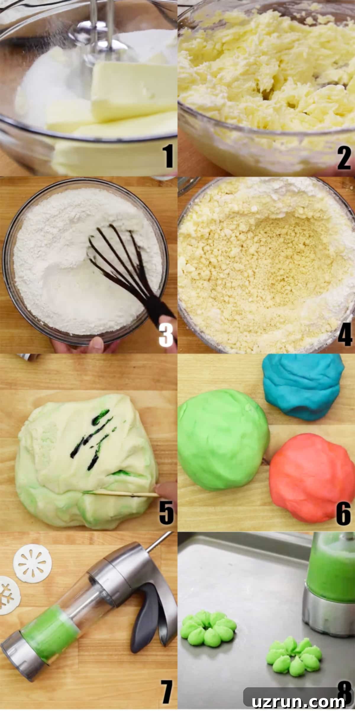 Irresistible Almond Butter Spritz Cookies 5 Collage Image With Step by Step Process Shots on How to Make Spritz Cookie Dough.