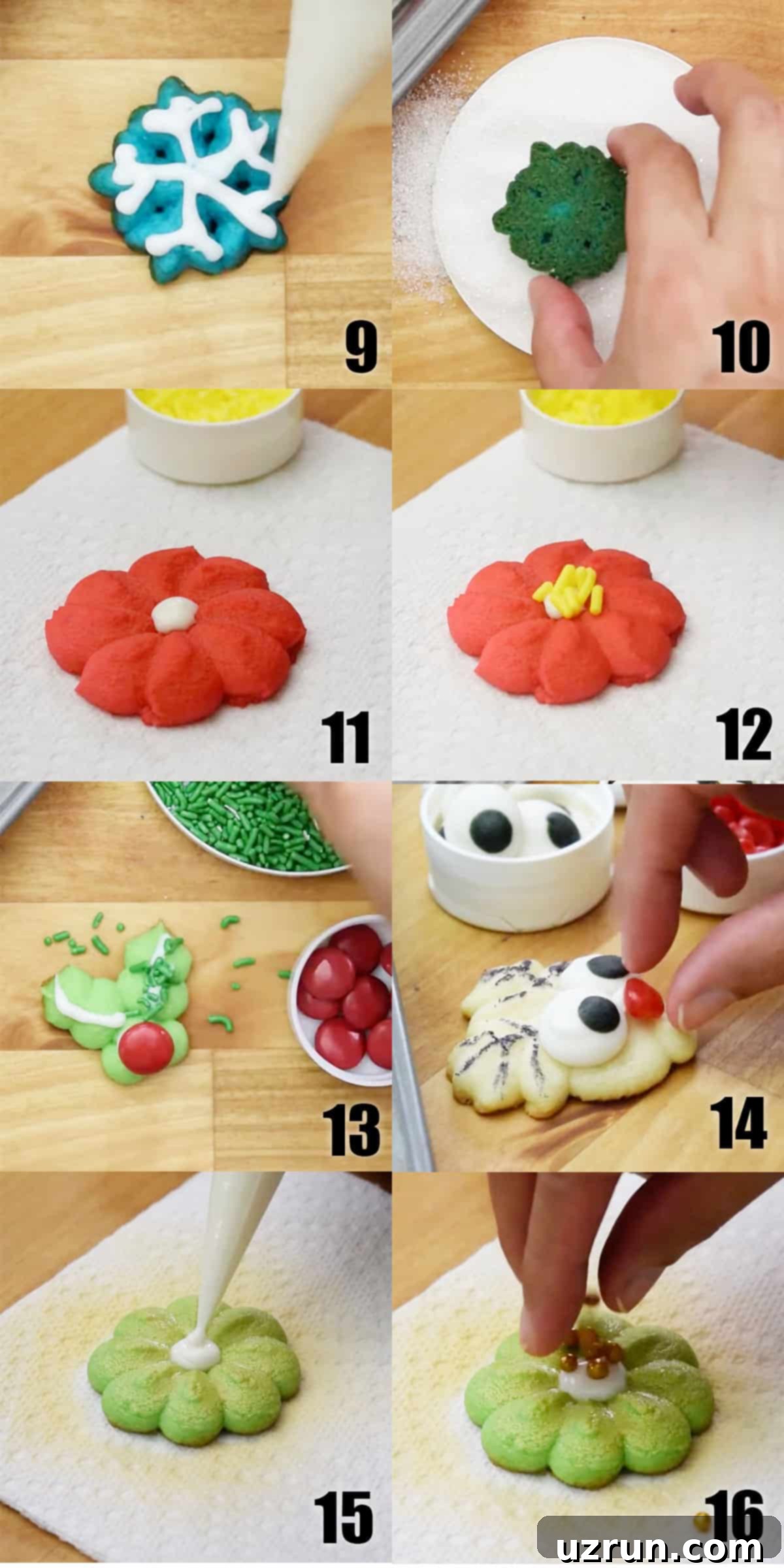 Irresistible Almond Butter Spritz Cookies 6 Collage Image With Step by Step Process Shots on How to Decorate Spritz Cookies.