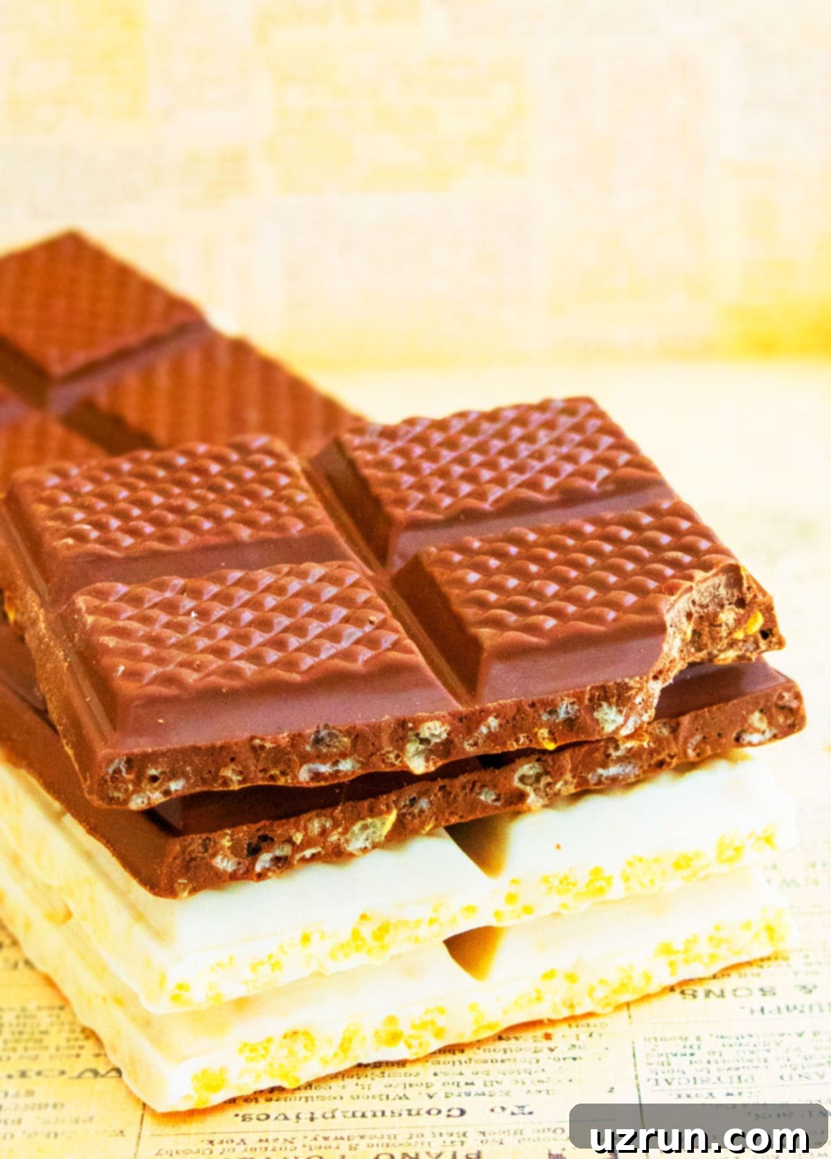 Stack of Easy Chocolate Crunch Bars on Sheet of Newspaper.