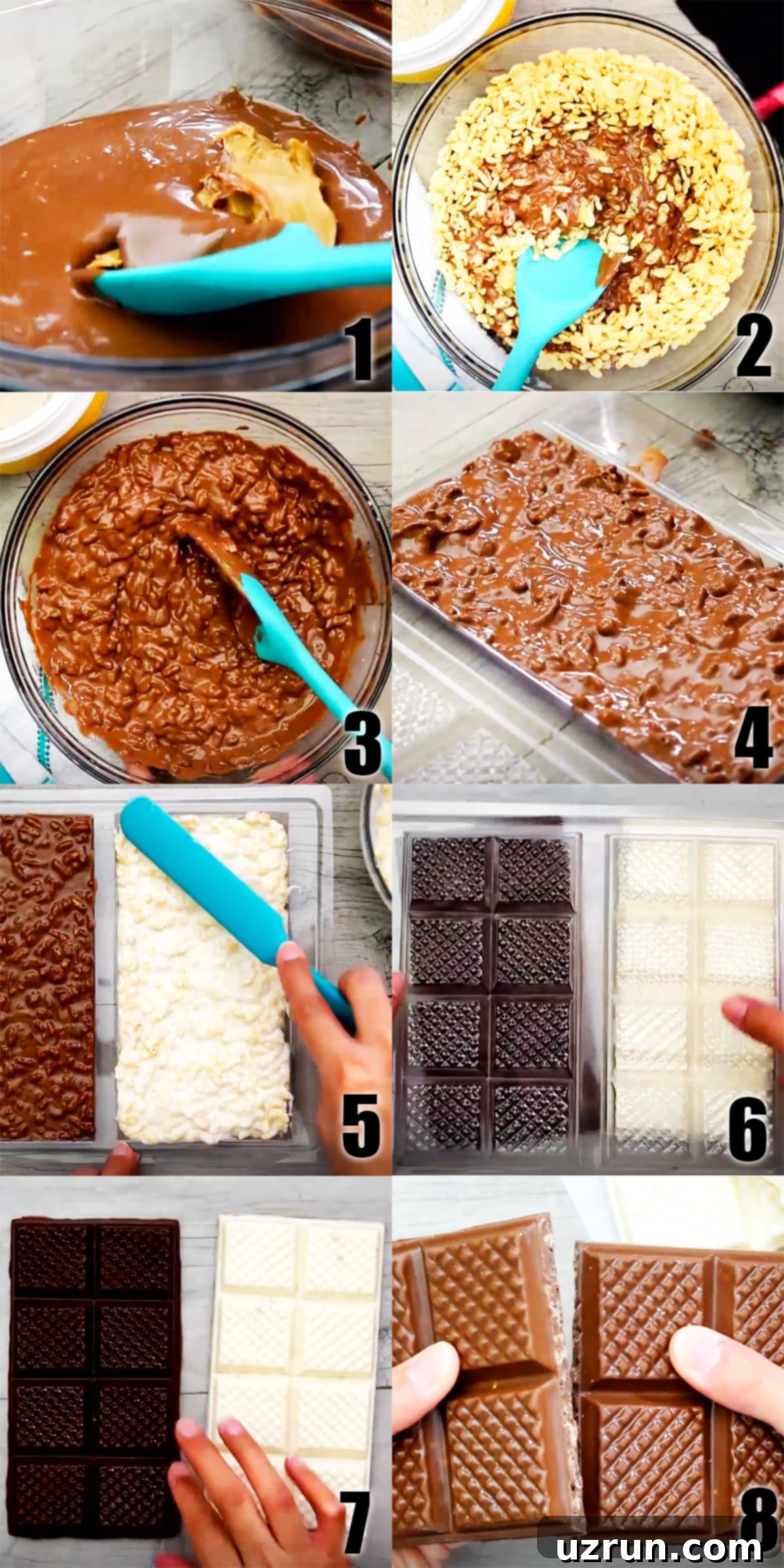 Peanut Butter Chocolate Crispy Bars 5 Collage Image With Step by Step Process Shots on How to Make Homemade Crunch Bars.