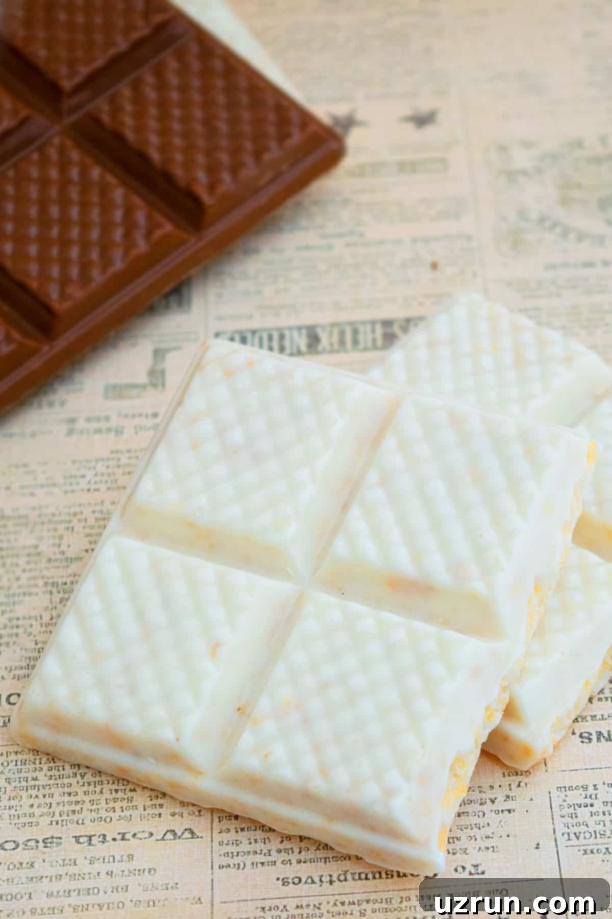 Peanut Butter Chocolate Crispy Bars 6 Homemade White Chocolate Bars on Sheet of Newspaper.