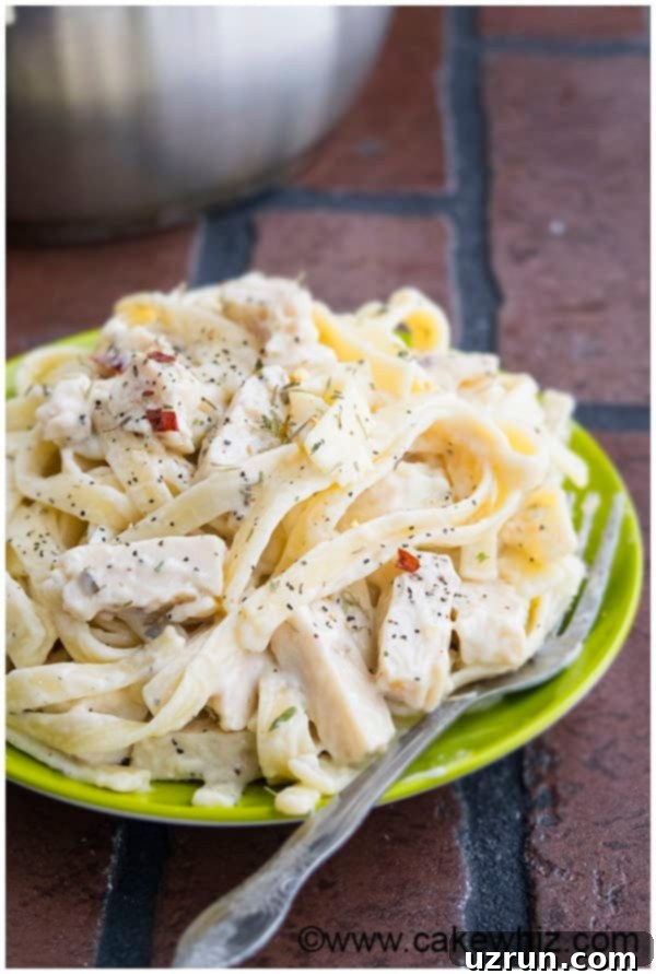 Overhead shot of creamy One Pot Healthy Fettuccine Alfredo