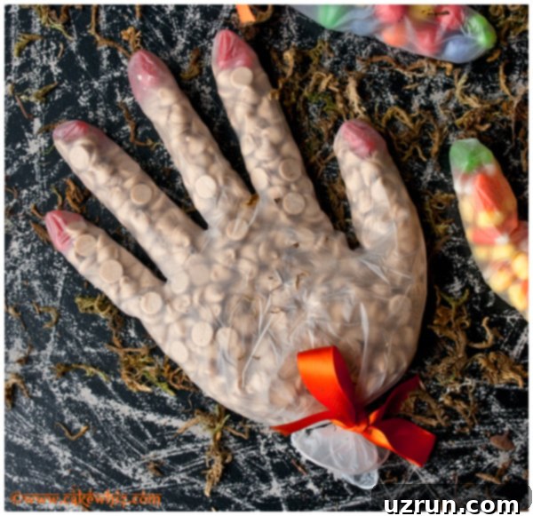 Trick-or-Treat Bounty Bags 3 Spooky Candy Goodie Bags in Gloves on Rustic Black Background