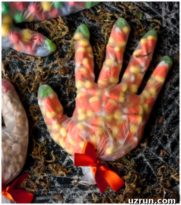 Trick-or-Treat Bounty Bags 4 Halloween Party Bags Using Plastic Gloves and Filled With Candy Corns on Rustic Black Background