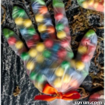 Trick-or-Treat Bounty Bags 5 Easy Halloween Treat Bags With Candies in Gloves on Rustic Black Background