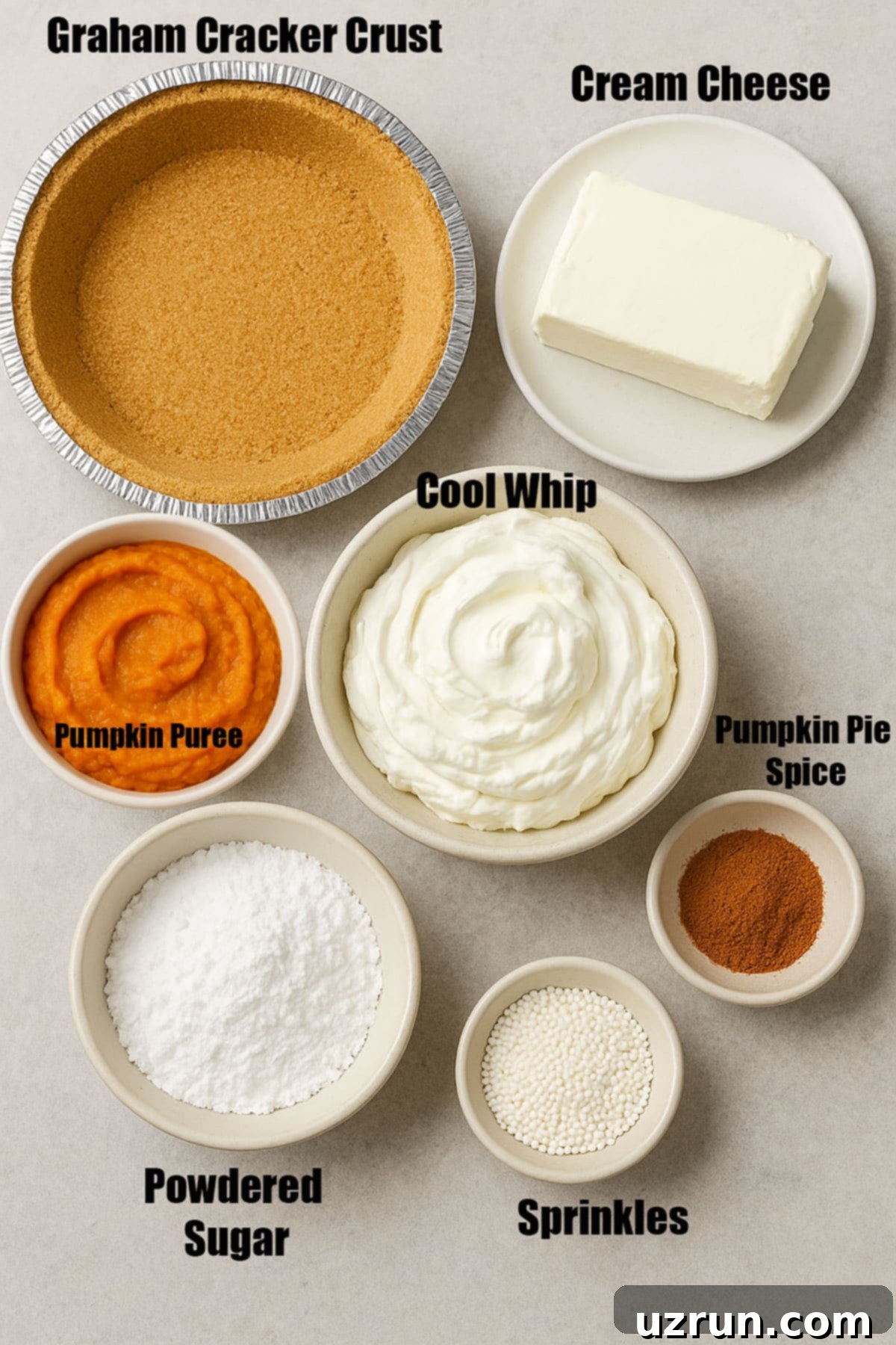 Velvet Pumpkin No-Bake Cheesecake 4 Ingredients for no bake pie on neutral gray background.