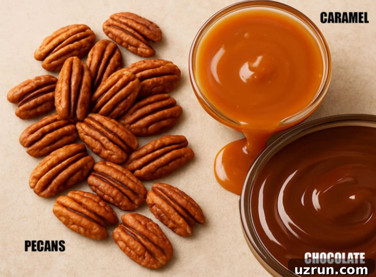 Decadent Homemade Chocolate Caramel Pecan Turtles 3 Ingredients for homemade candy on beige background.