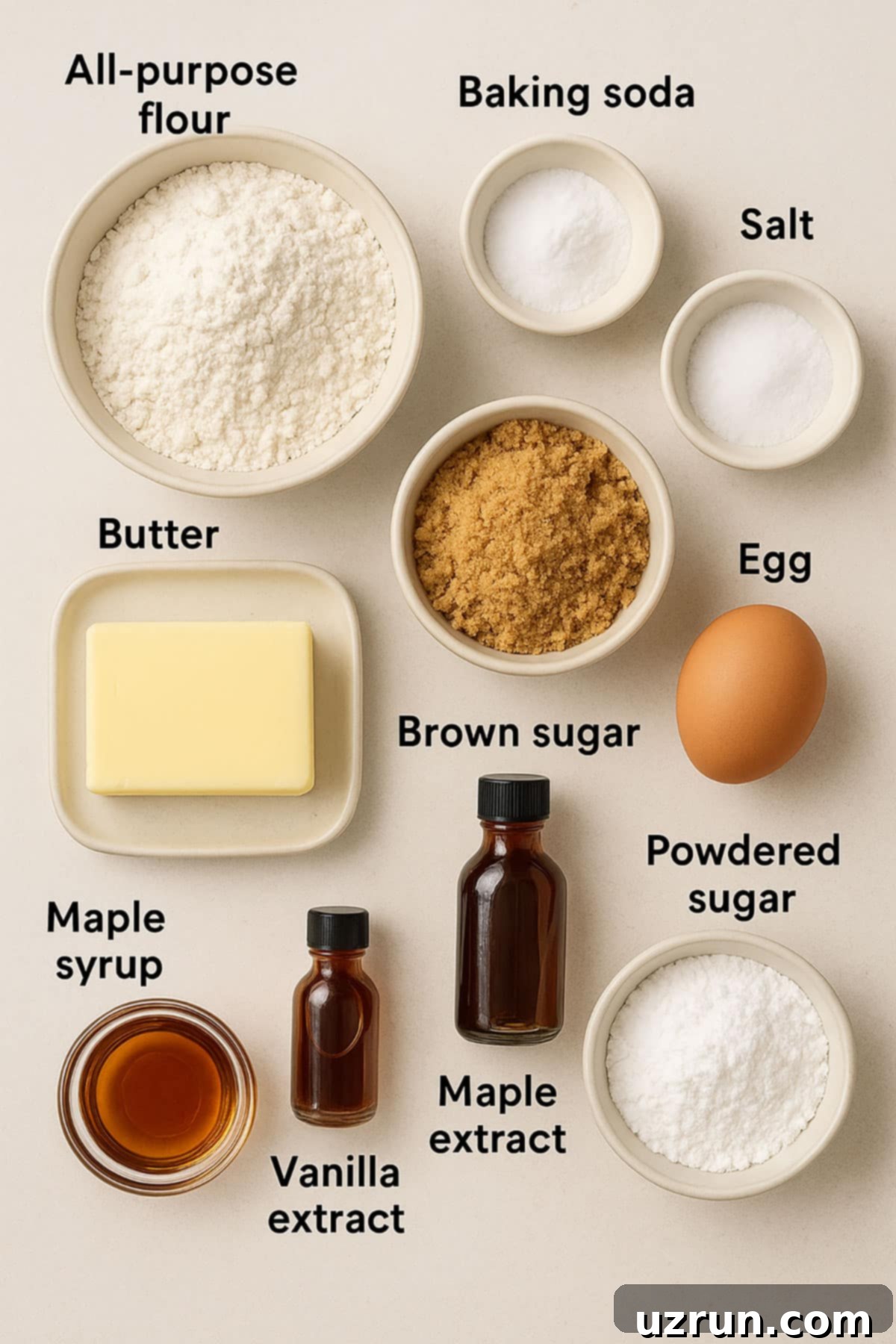 Effortless Soft Chewy Maple Cookies 3 Ingredients for cookies on neutral off white background.