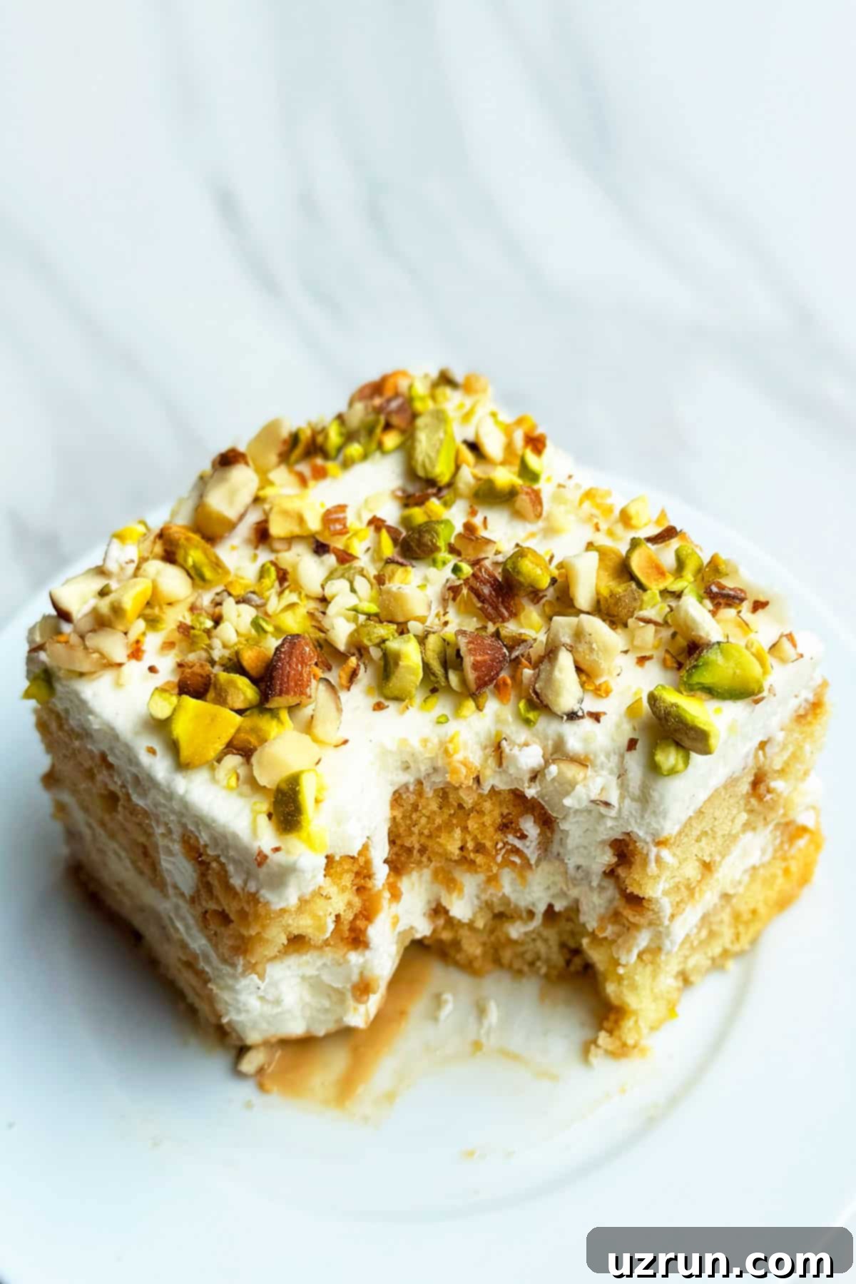 No-Bake Spiced Chai Tiramisu Cake 13 Partially Eaten Cake Slice on White Dish.