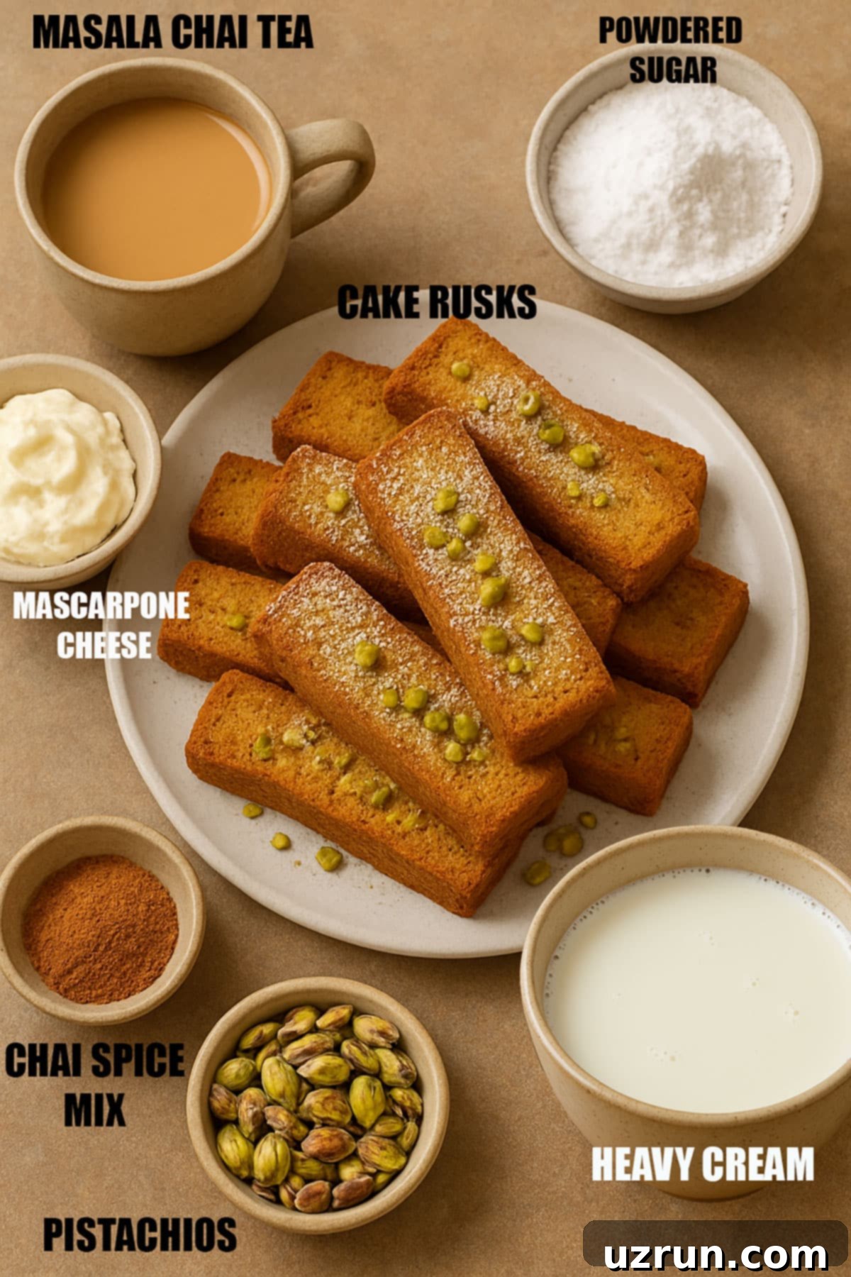 No-Bake Spiced Chai Tiramisu Cake 3 Ingredients for Cake on Brown Background.