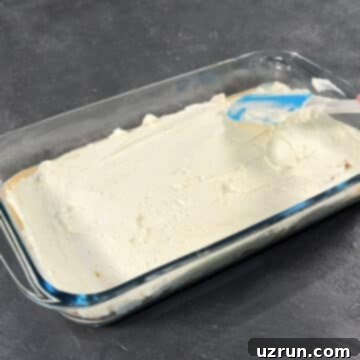 No-Bake Spiced Chai Tiramisu Cake 9 Mascarpone filling being spread out evenly with a rubber spatula.